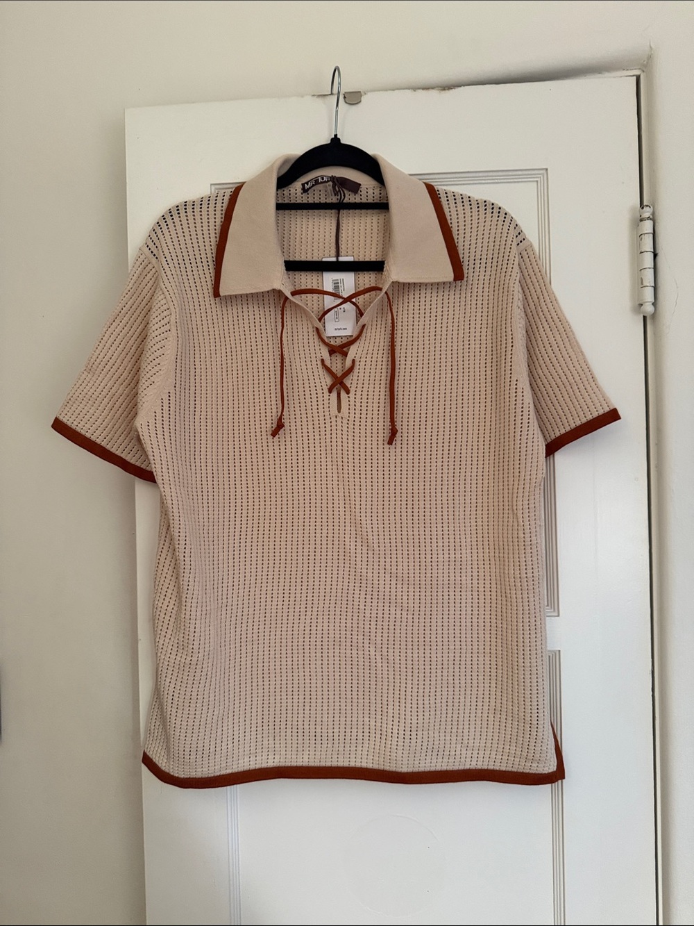 Men's Lace-Up Knit Polo in Cream with Rust Trim